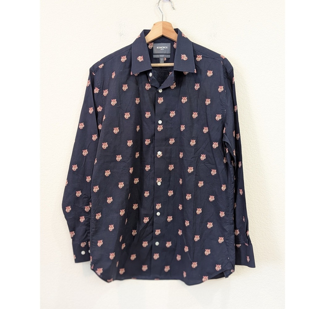 Bonobos Slim Fit Stretch Navy Blue Tiger Print Button Down Shirt 17 x 35 Mens